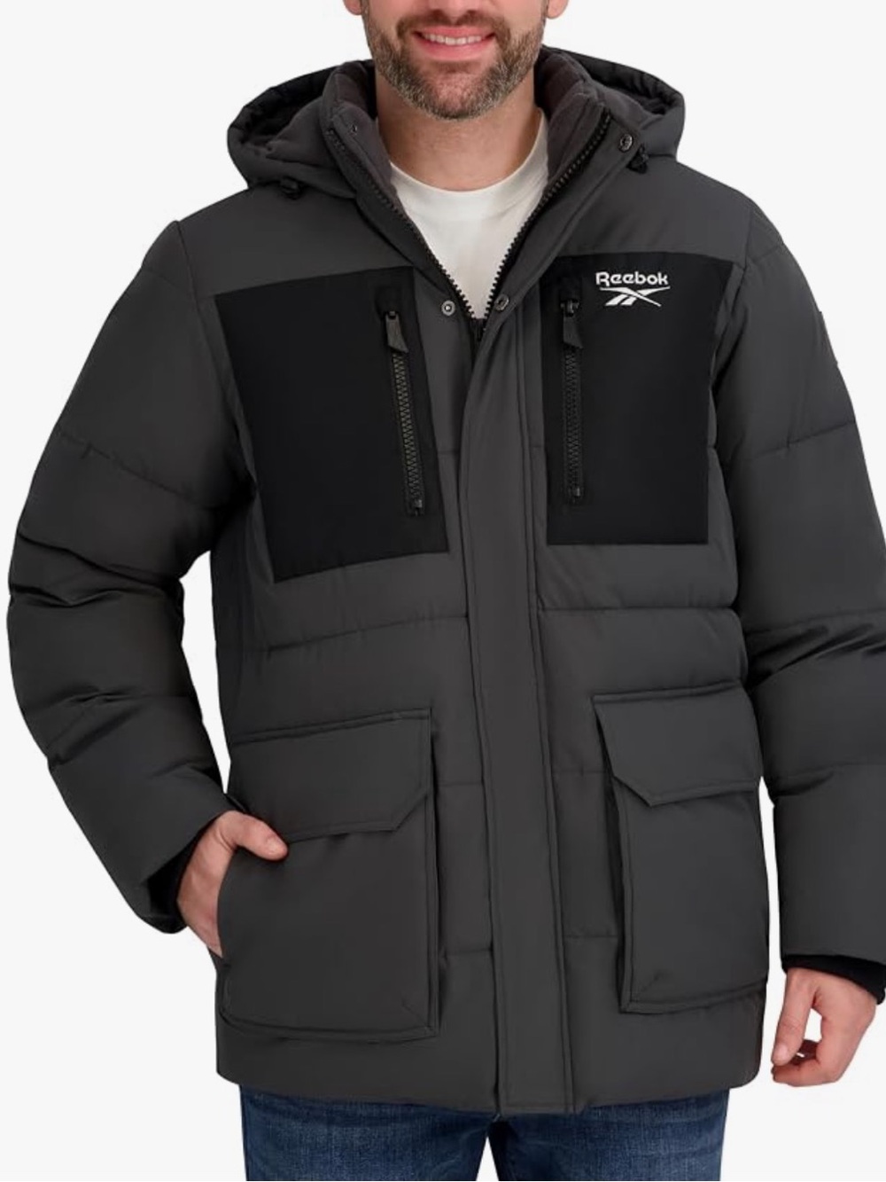 Reebok Men's Charcoal Gray & Black Insulated Down Puffer Coat Jacket with Hood